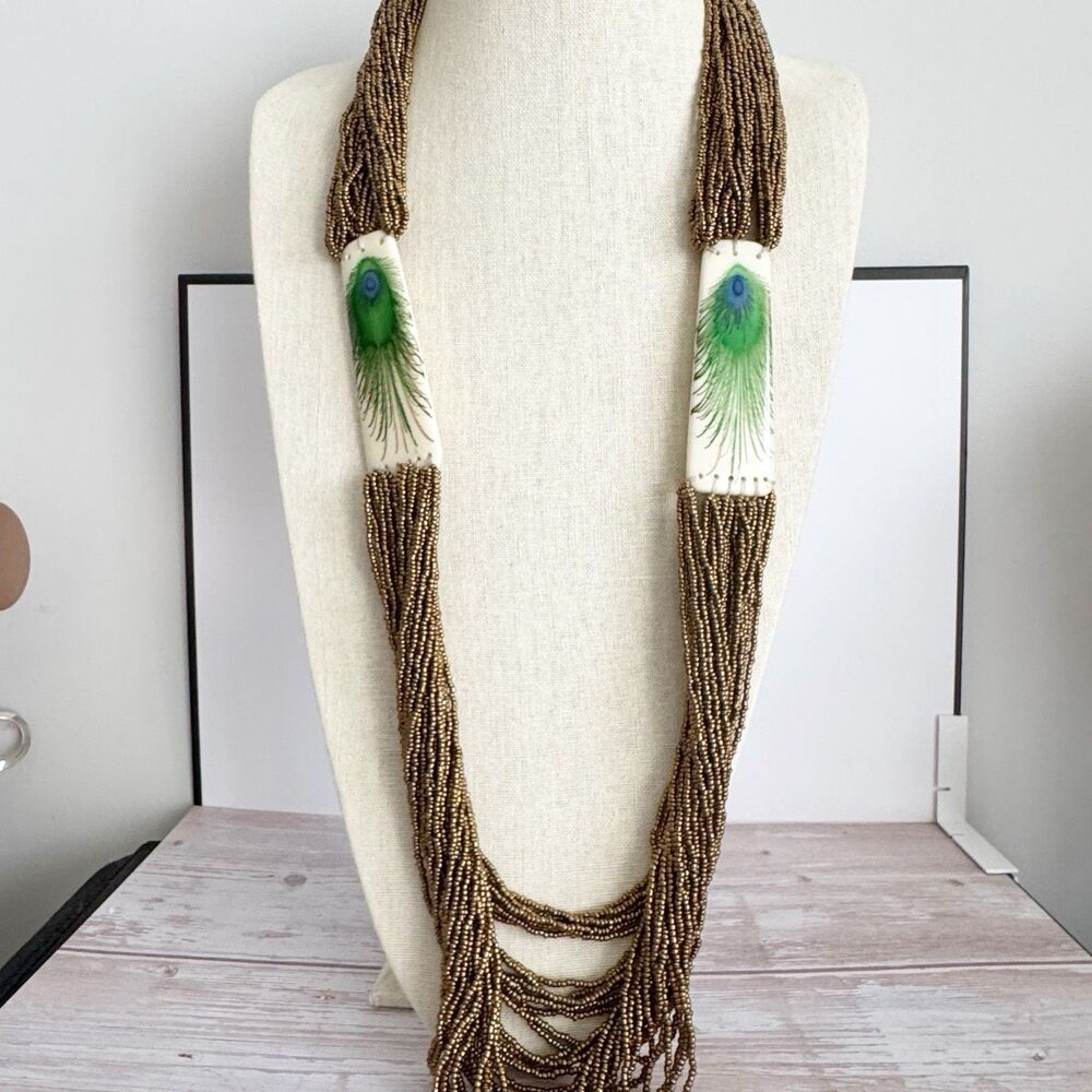 Peacock Feather Ethnic Bohemian Boho Seed Bead Long Chunky Necklace Green Brown